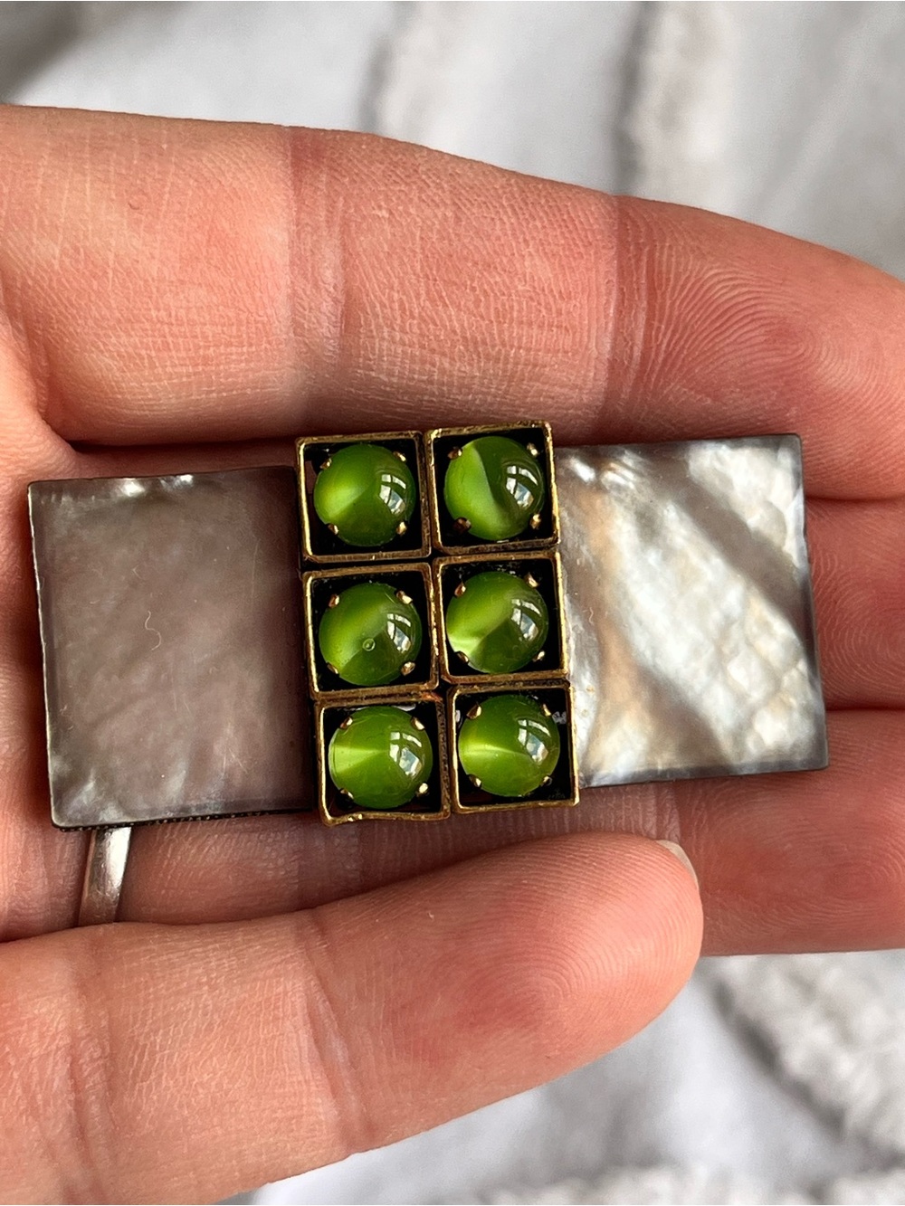Vintage Art Deco Mother-of-Pearl and Green Moonglow Cabochon Statement Brooch